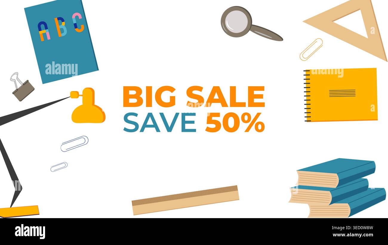 Back to School Sale Rabattbanner mit Schulelementen und Verkaufsetiketten. Für Werbung, Webdesign, soziale Medien und Printwerbung Vektorillustration Stock Vektor