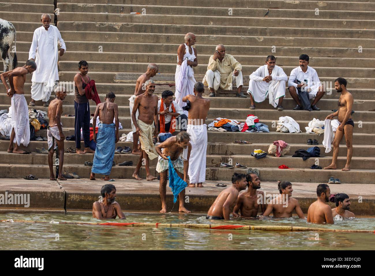 Hindus reinigen sich auf den Ghats am Fluss Ganges, Varanasi, Uttar Pradesh, Indien Stockfoto