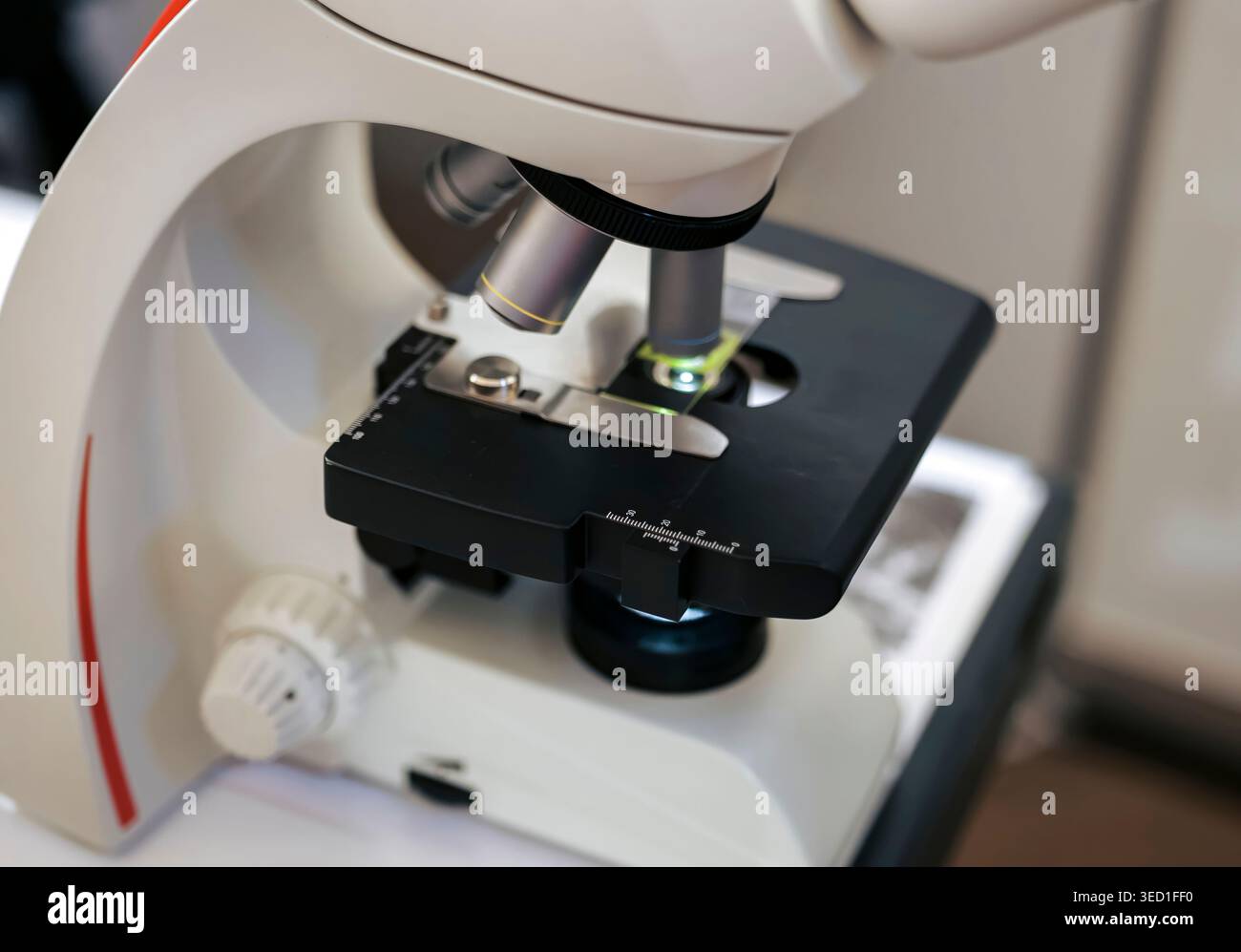 Ein wissenschaftliches Binokularmikroskop im Einsatz, das Forschung und präzisen Laborablauf demonstriert. Stockfoto