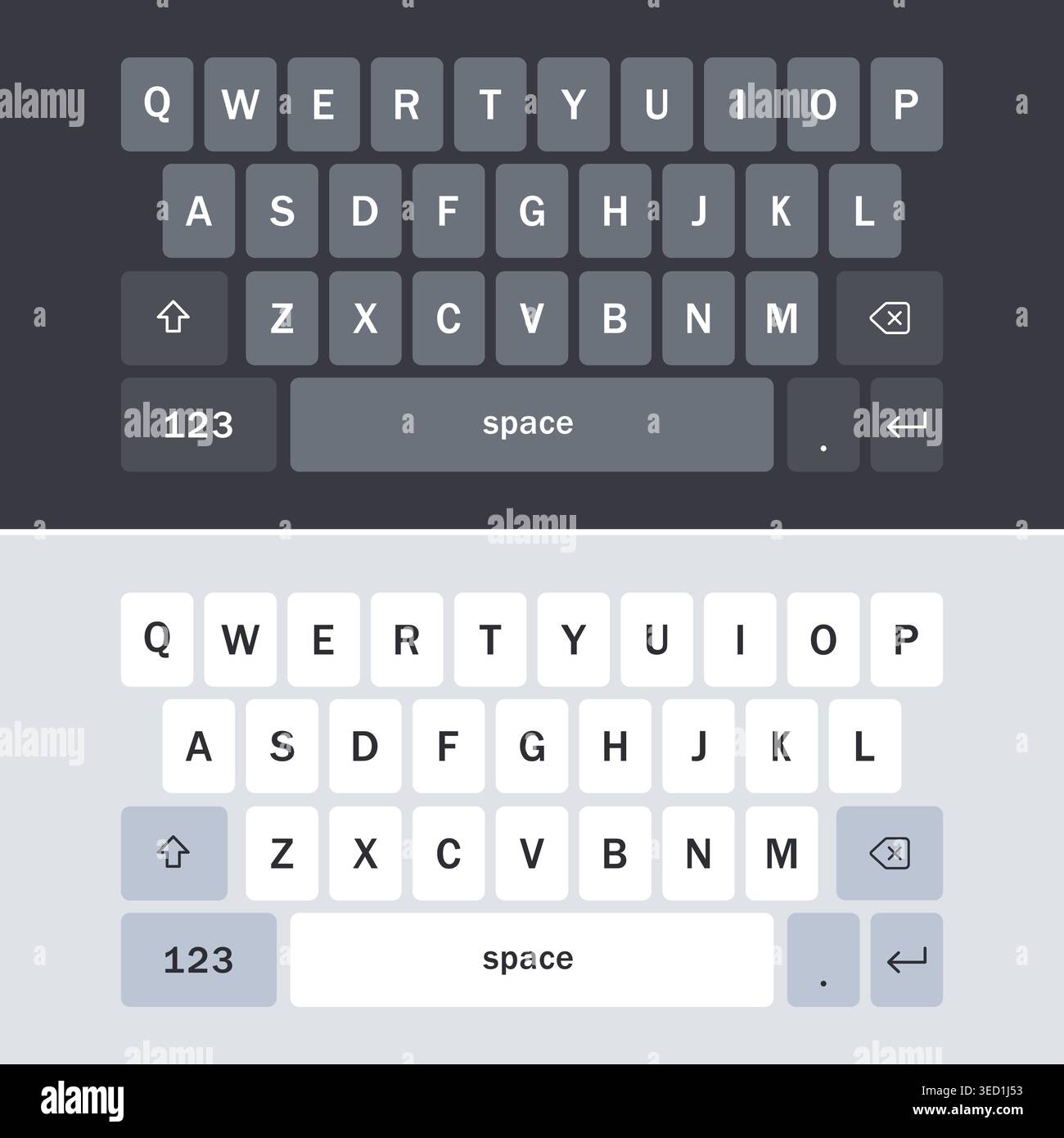Virtuelles Tastaturlayout des Smartphones im dunklen und hellen Modus in Großbuchstaben. Vektorabbildung Stock Vektor