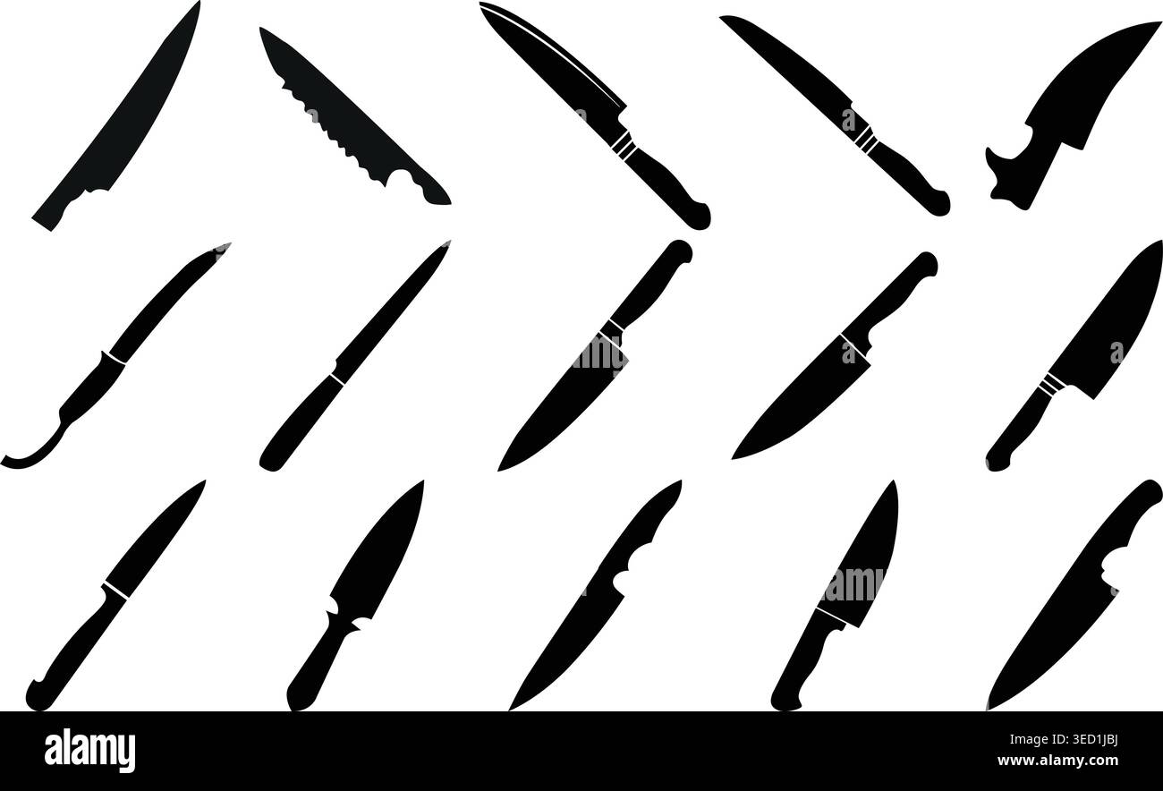 Verschiedene schwarze Messer Silhouetten auf weißem Hintergrund mit verschiedenen Küchen- und Kampfklingen Formen Vektor-Illustration Sammlung Stock Vektor