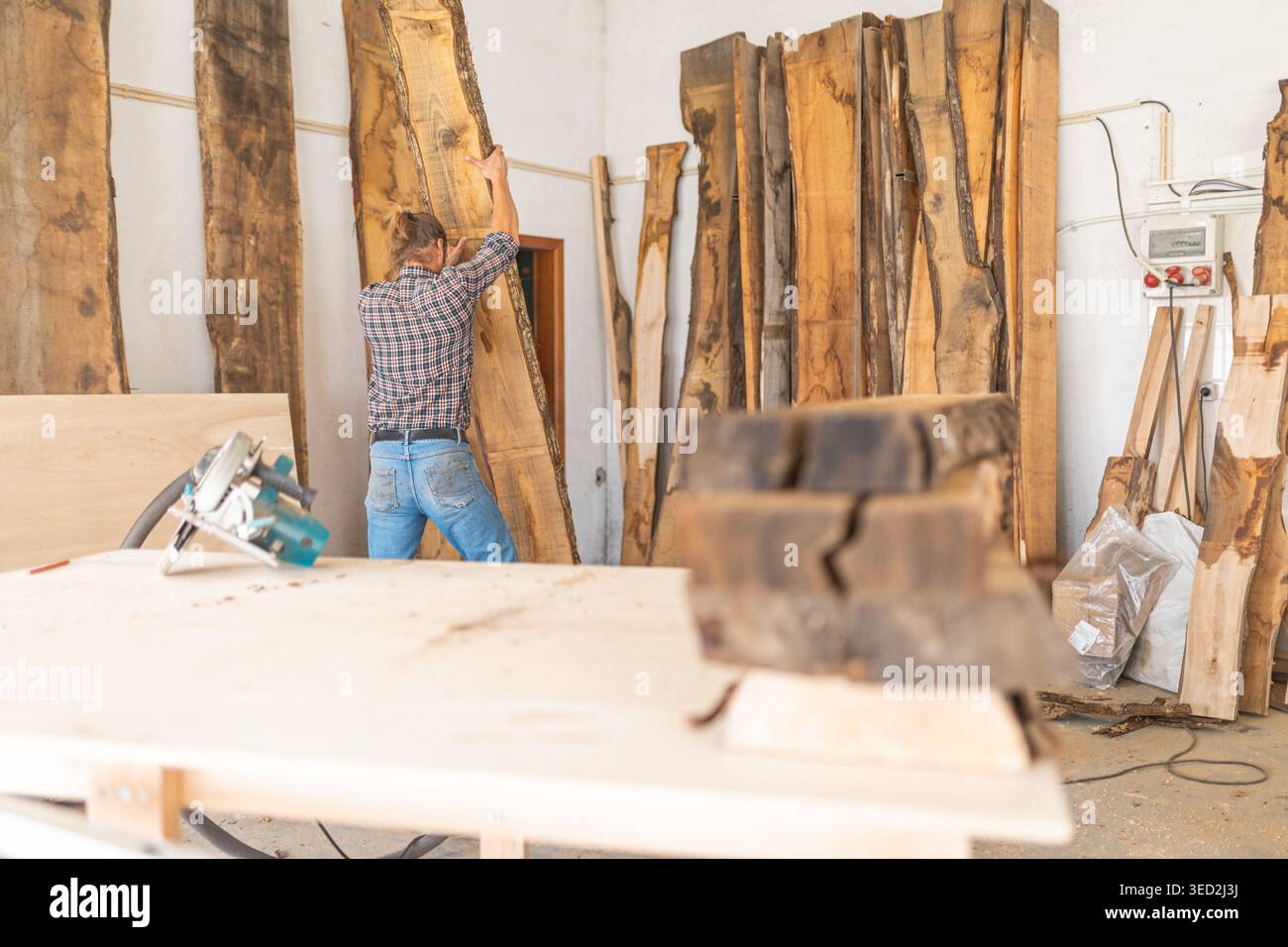 Zimmermann, der die Rohholzplatte manuell in der Werkstatt bewegt Stockfoto