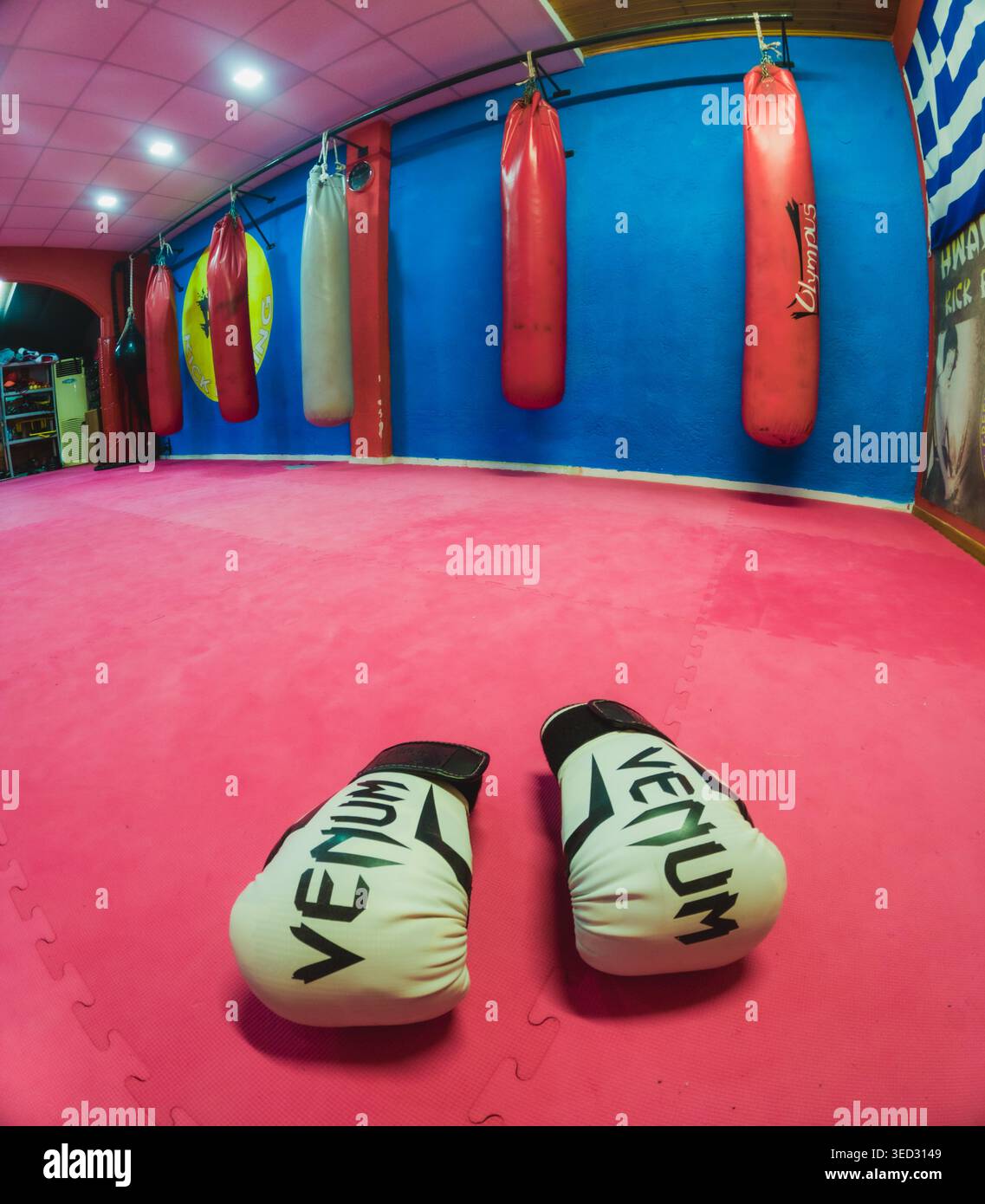 Weitwinkelansicht eines leeren Kickboxen-Fitnessstudios mit Fokus auf weißen Boxhandschuhen auf rosa Trainingsmatten mit schweren Boxsäcken an einem VI Stockfoto