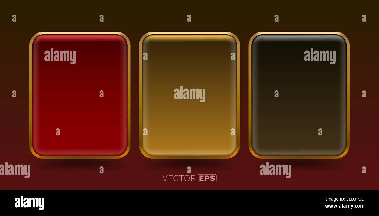 Rechteckige Tasten in glänzenden Rot, Gold und Schwarz mit goldenen Rahmen für modernes UI-Design. Vektorabbildung. Stock Vektor