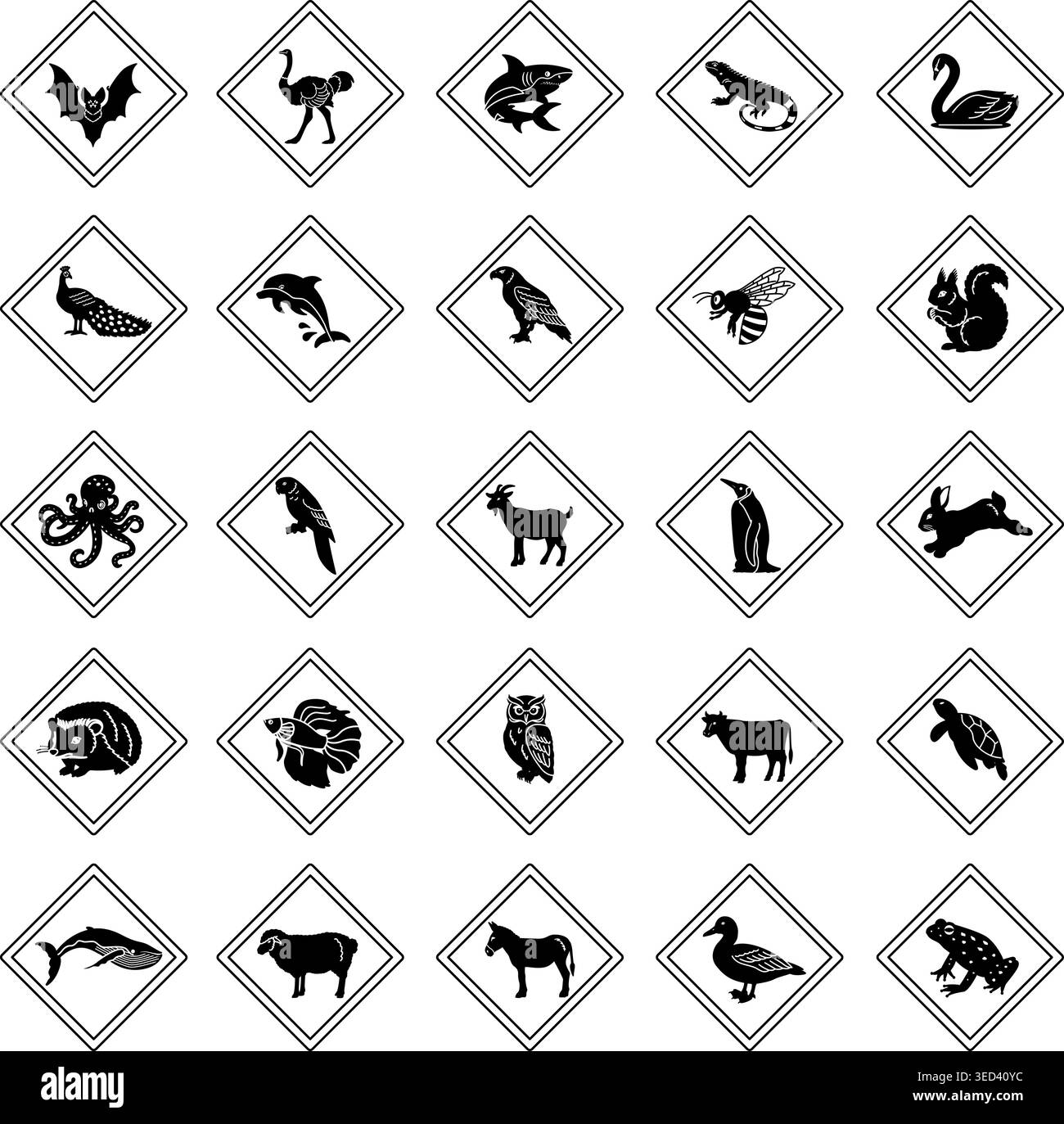 Straßenschilder Für Tierüberquerung. Vektorsymbole Fledermaus, Strauß, Hai, Iguana, Schwan, Pfau, Delfin, Adler, Biene, Eichhörnchen, Oktopus, Papagei, Ziege, Pinguin, Ra Stock Vektor
