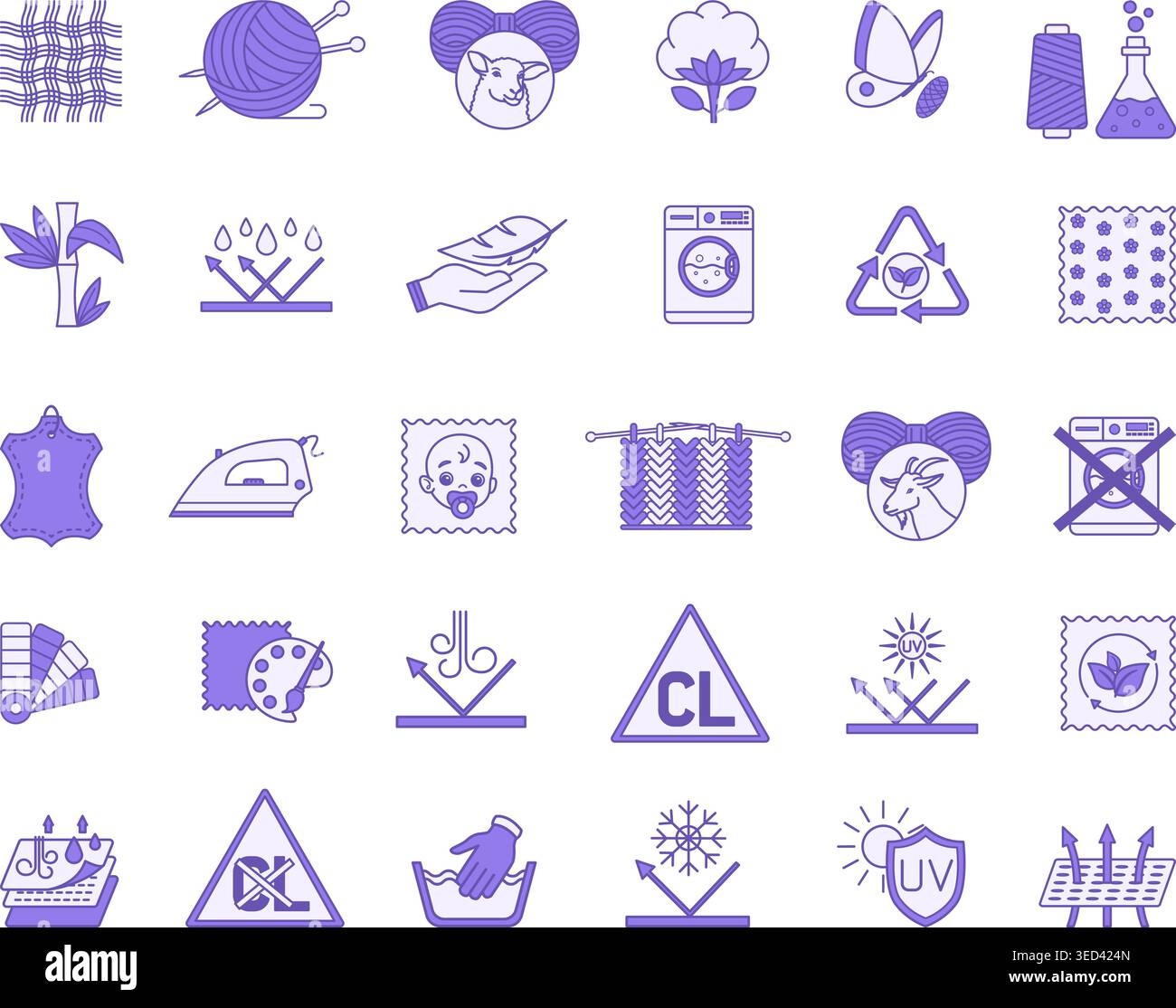 Farbige Symbole Materialeigenschaften. Vektor Illustrationen Textil, Leder, Garn, Baumwolle, Seide, Wolle, Kaschmir, synthetisches Gestrick, Bambus und mehr Stock Vektor