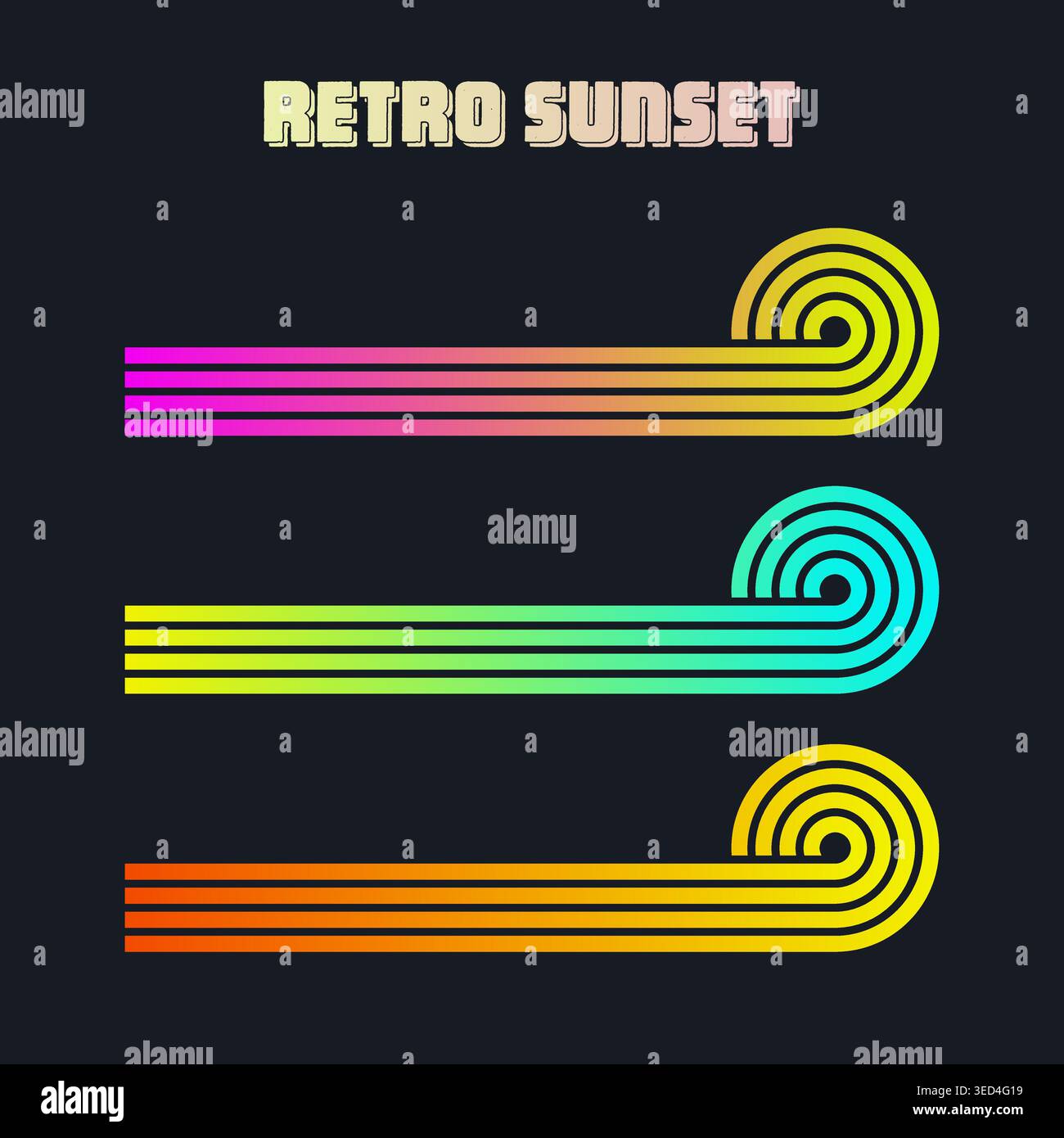 Farbenfroher Sonnenuntergang im Vintage-Stil. Verschiedene gestreifte Sonnenaufgangsabzeichen im Stil der 80er und 90er Jahre. Blick auf Sonne und Meer, Sommerstimmung, Surfen. Designelement für Stock Vektor