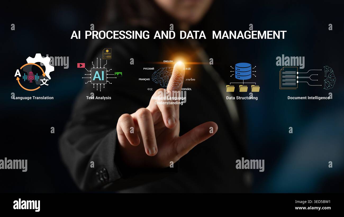KI-Verarbeitung und Datenverwaltung mit visuellen Elementen der Sprachübersetzung und Dokumentenintelligenz für die moderne geschäftliche Nutzung Haptic. Stockfoto