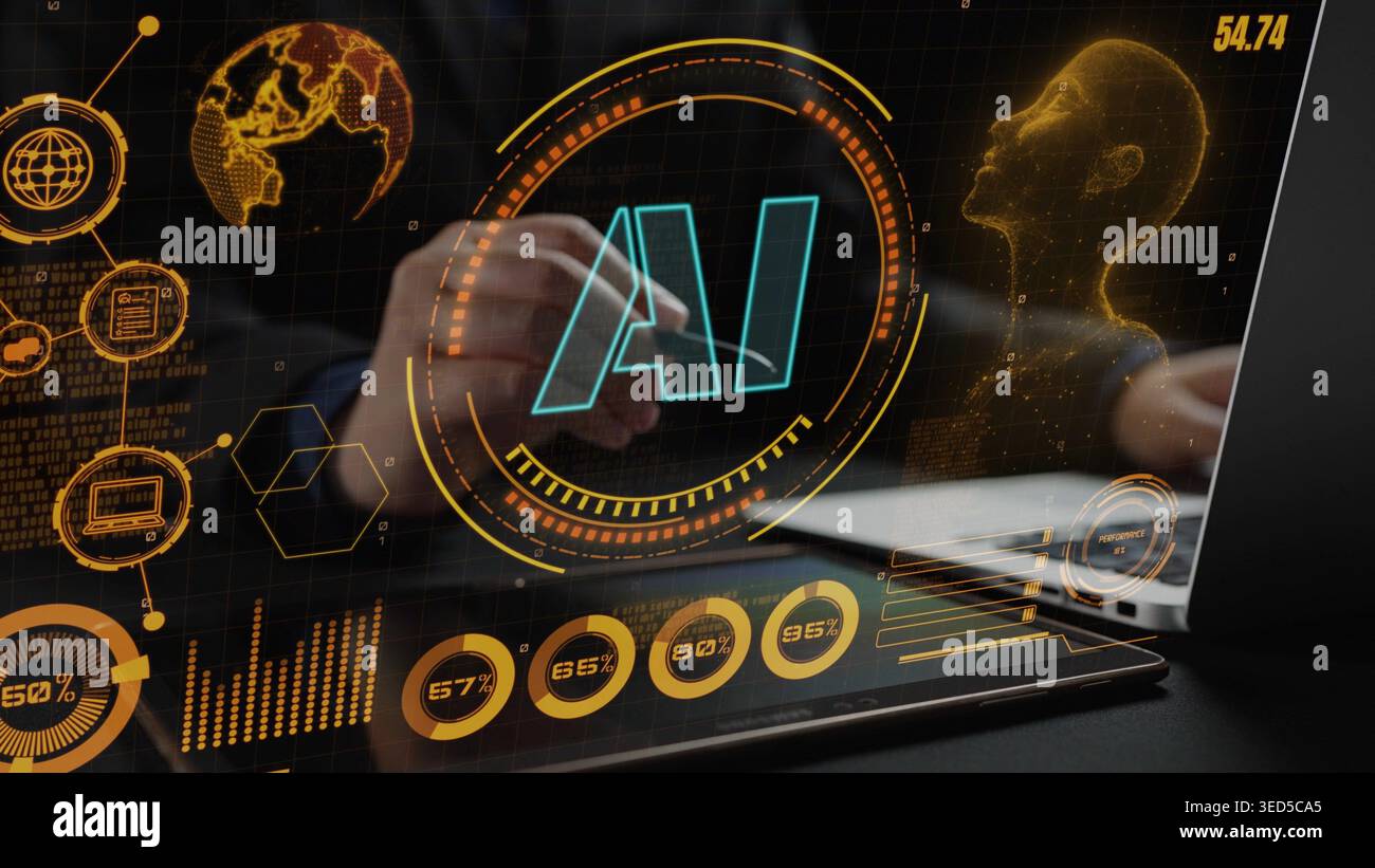 High-Tech-Visualisierung von Daten künstlicher Intelligenz mit futuristischen Benutzeroberflächen, Diagrammen und Metriken in einer professionellen technischen Umgebung Stockfoto