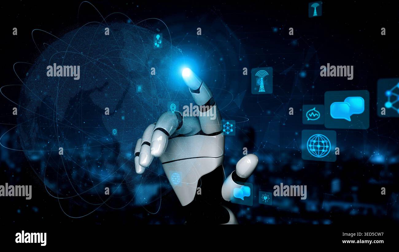 Dieses Bild zeigt eine futuristische Roboterhand, die sich zu leuchtenden digitalen Ikonen erstreckt und die Integration von Technologie und künstlichem symbolisiert Stockfoto