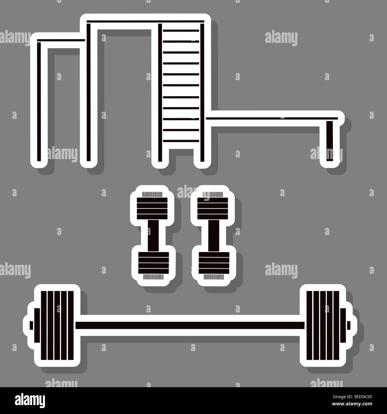 Illustration zum Thema der Set-Kollektion Accessoire für Sport-Fitnessgeräte, Muster bestehend aus Elementen Sport-Fitnessgeräte, abstrakte Komposition von Stock Vektor