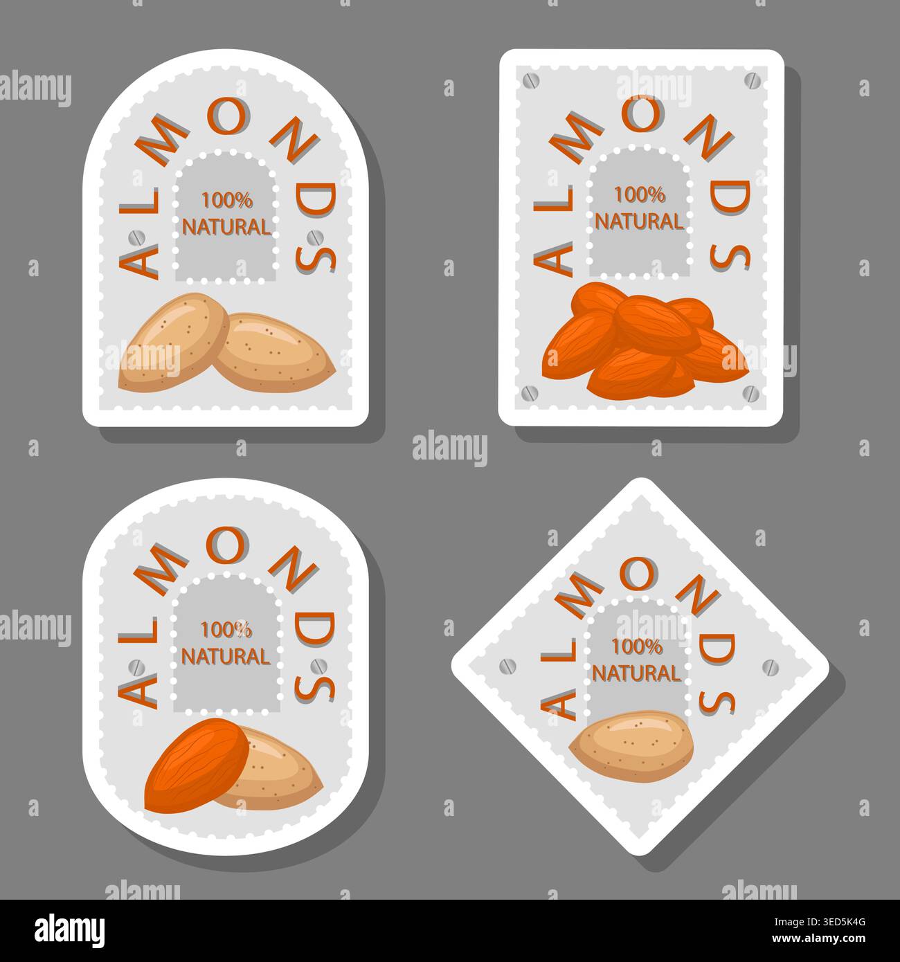 Illustration zum Thema des Sets leckeres natürliches Öko Produkt Mandelnuss, Muster bestehend aus Kit verschiedene Optionen Mahlzeit Mandelnuss, abstrakte Zusammensetzung von Stock Vektor