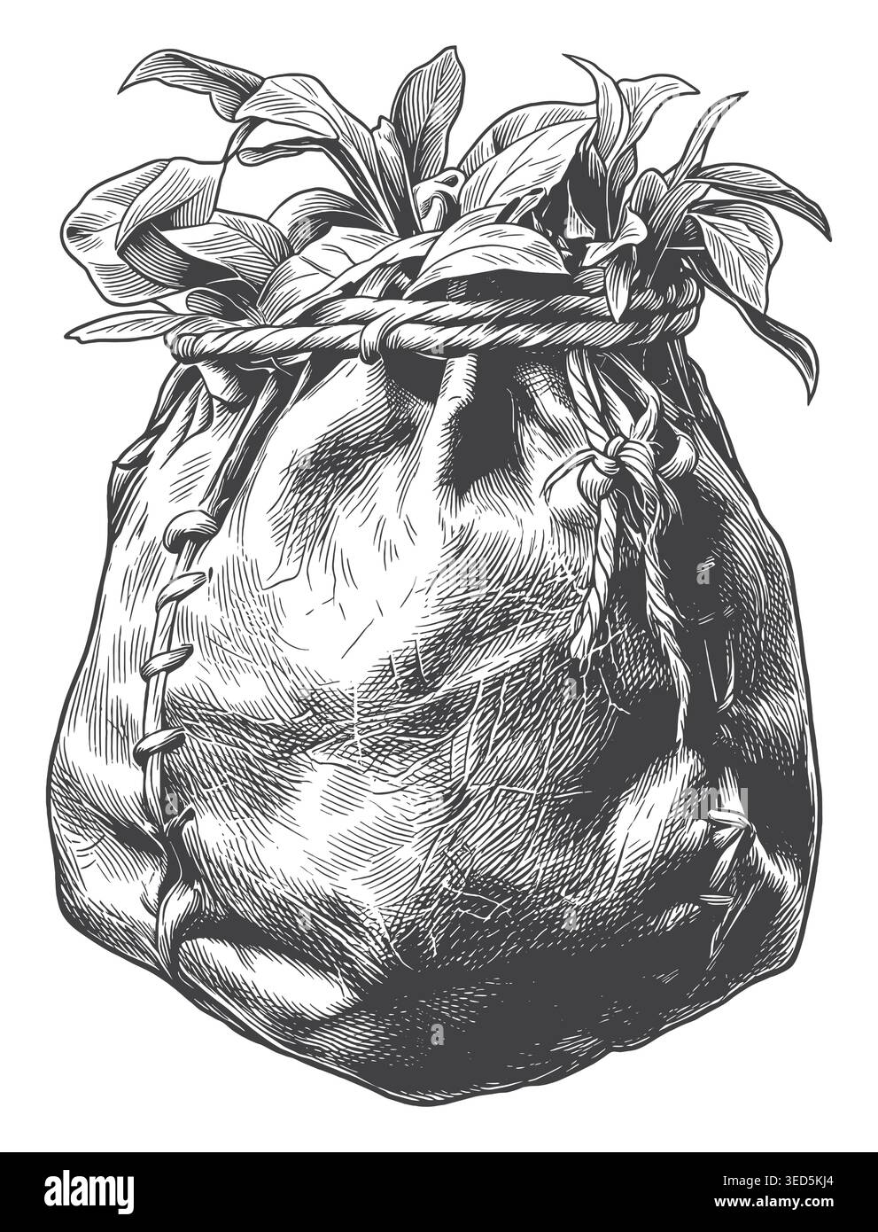 Eine wunderschöne, detailreiche Vintage-Gravur einer breiten, rustikalen Ledertasche, die mit botanischen Blättern überflutet ist. Ideal für ganzheitliches Wellness-Branding, Tradi Stock Vektor