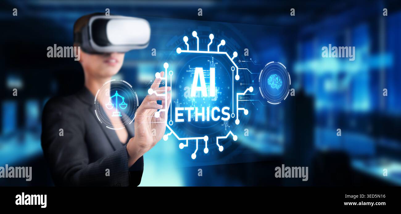 Ein Geschäftsmann beschäftigt sich mit virtueller Technologie und hebt ethische Fragen in Bezug auf künstliche Intelligenz und ihre Auswirkungen auf die Governance hervor Stockfoto