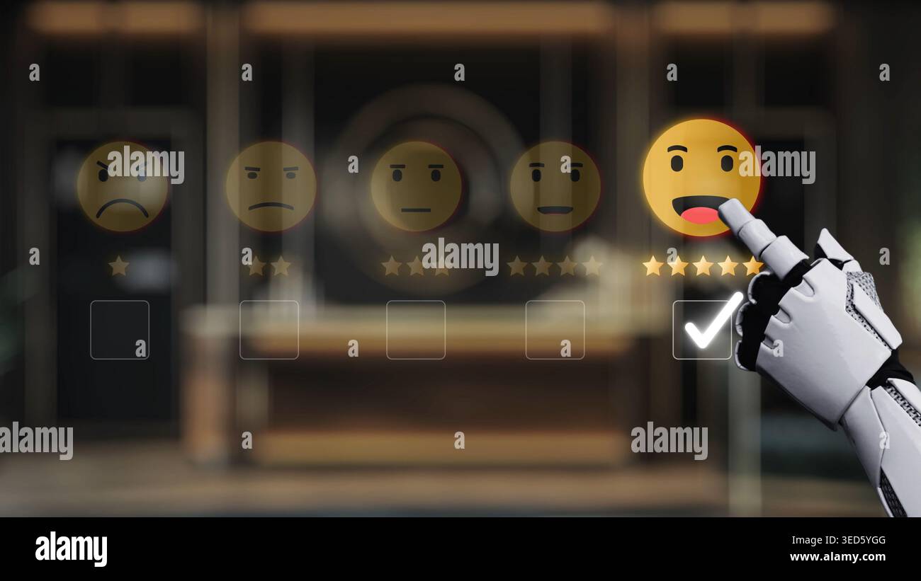 Eine futuristische Roboterhand greift auf ein digitales Feedback-System ein und zeigt verschiedene Emojis und Sterne-Bewertungen an, die die emotionalen Reaktionen der Benutzer darstellen Stockfoto
