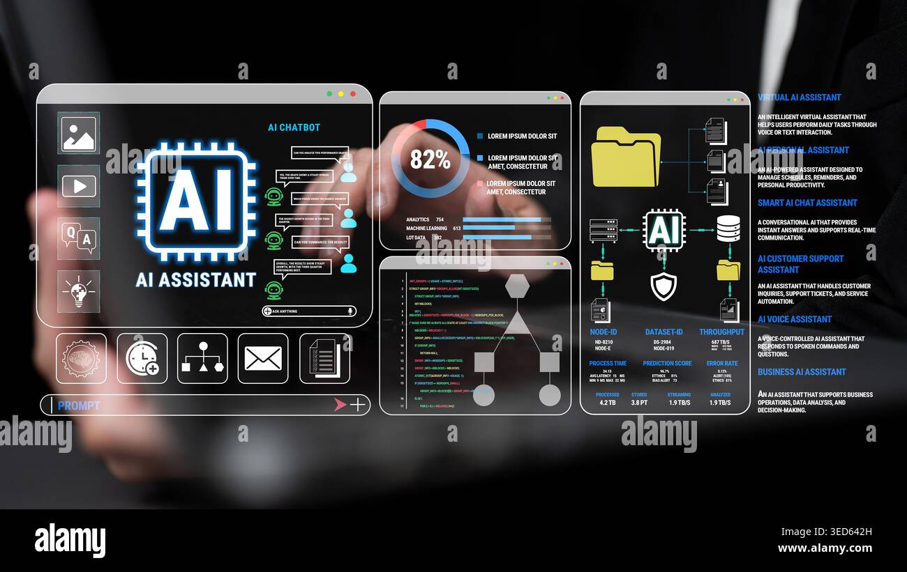 Futuristische KI-Assistant-Schnittstelle mit Datenanalyse, Chatbot-Funktionen, Visualisierungstools und interaktiven Technologieelementen für den Geschäftsgebrauch Stockfoto