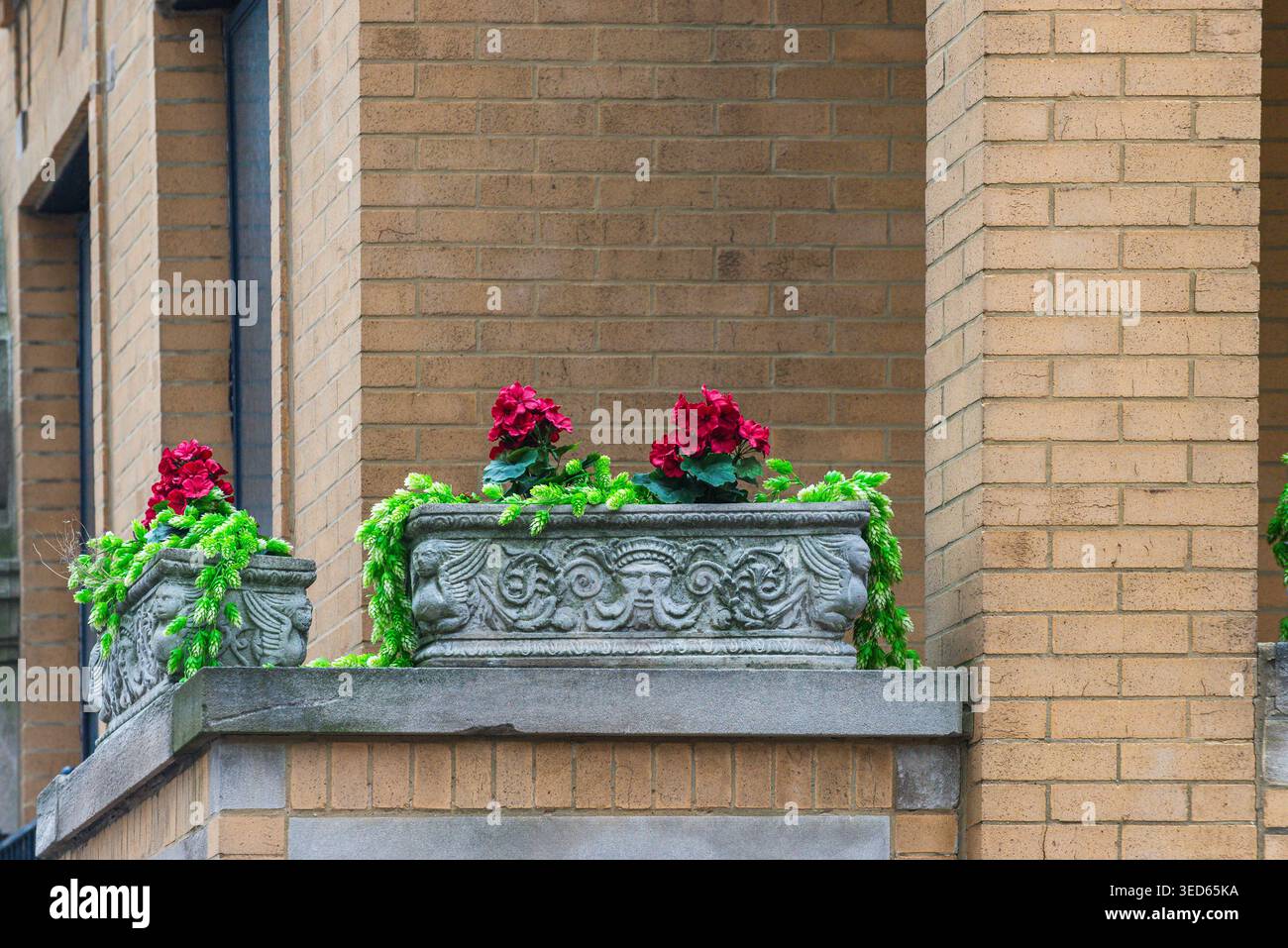 Verzierte Steinpflanzen mit roten Blumen auf Balkon in urbanem Ambiente Stockfoto