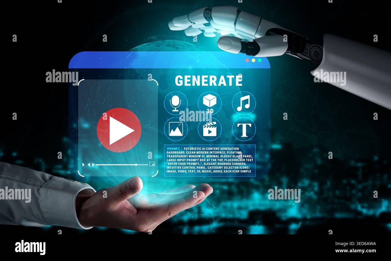 Futuristisches Konzept der künstlichen Intelligenz, mit Multimedia-Elementen wie Video, Musik und 3D-Grafik-Quark Inhalte durch Hände zu generieren. Stockfoto