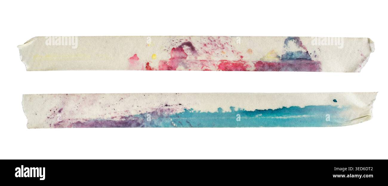 Horizontale Abdeckband-Streifen mit rosafarbenen und blauen Aquarellfarben isoliert auf weißem Hintergrund mit Beschneidungspfad Stockfoto