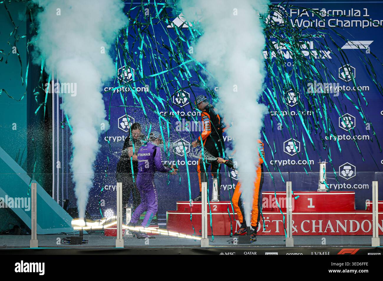 Podestfeier beim Formel 1 Crypto.com Miami Grand Prix 2026 im Miami International Autodrome in Miami Gardens, USA. Runde 6 von Stockfoto