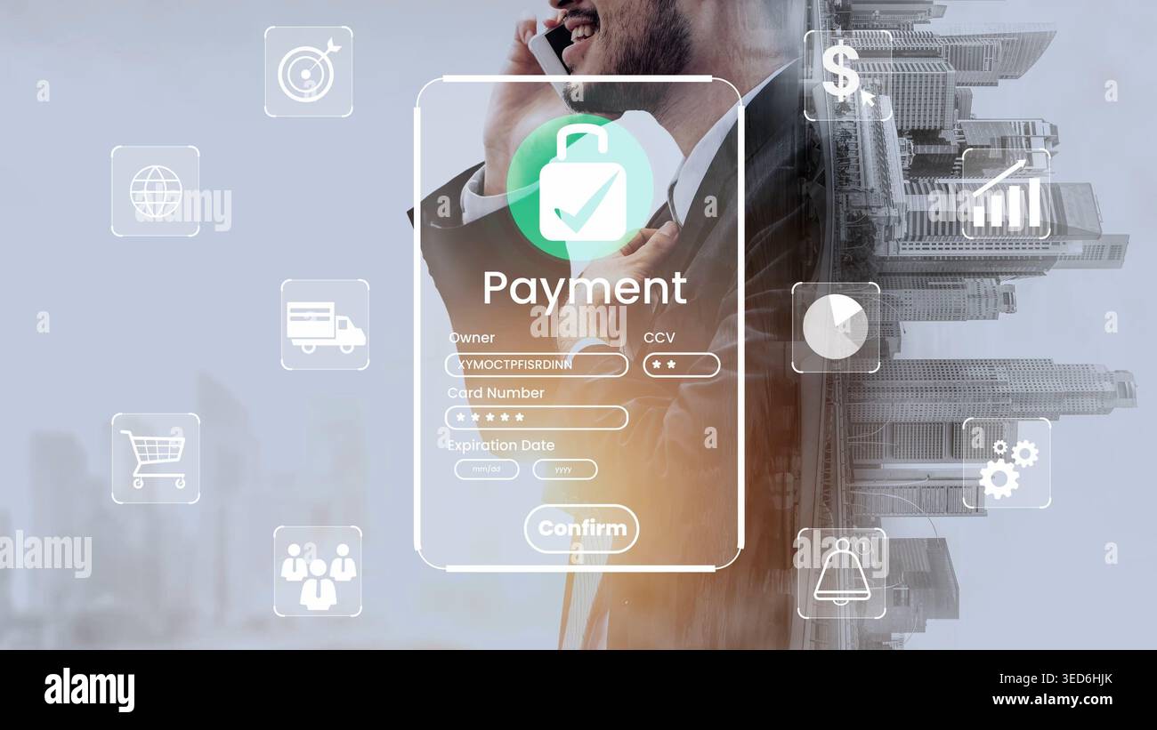 Zahlungsabwicklungskonzept mit Geschäftsmann am Telefon und digitalen Elementen für Online-Transaktionen und sichere Zahlungssysteme Gluon. Stockfoto