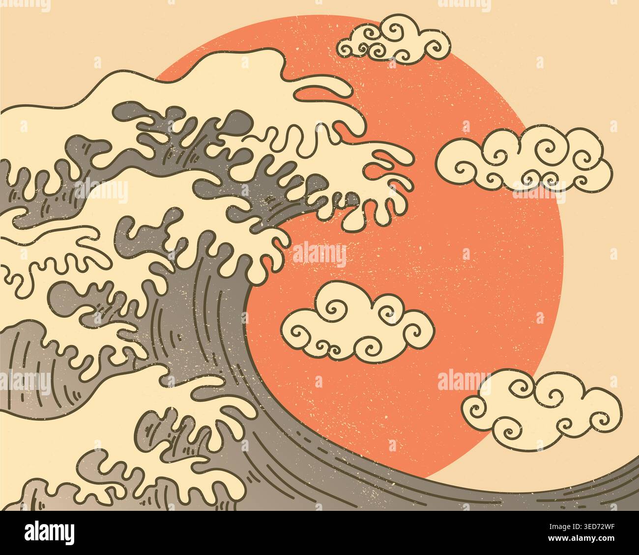 Japanische Welle Illustration Vintage Stil Traditionelle Ozean Kunst Sonne Hintergrund. Traditionelle Kunst inspiriert von traditioneller Kunst im Stil der japanischen Welle Stock Vektor