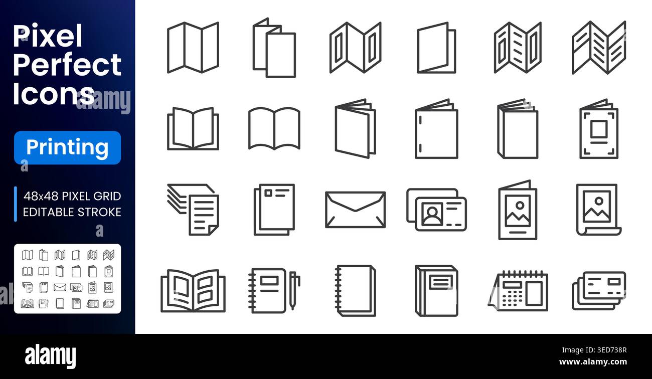 Buch, Druck der Symbole für die Linie des Begleitmaterials. Broschüre, Katalog, Flyer, Umschlag, Briefkopf flach, minimale Vektorabbildungen. Einfache Umrisszeichen für Stock Vektor