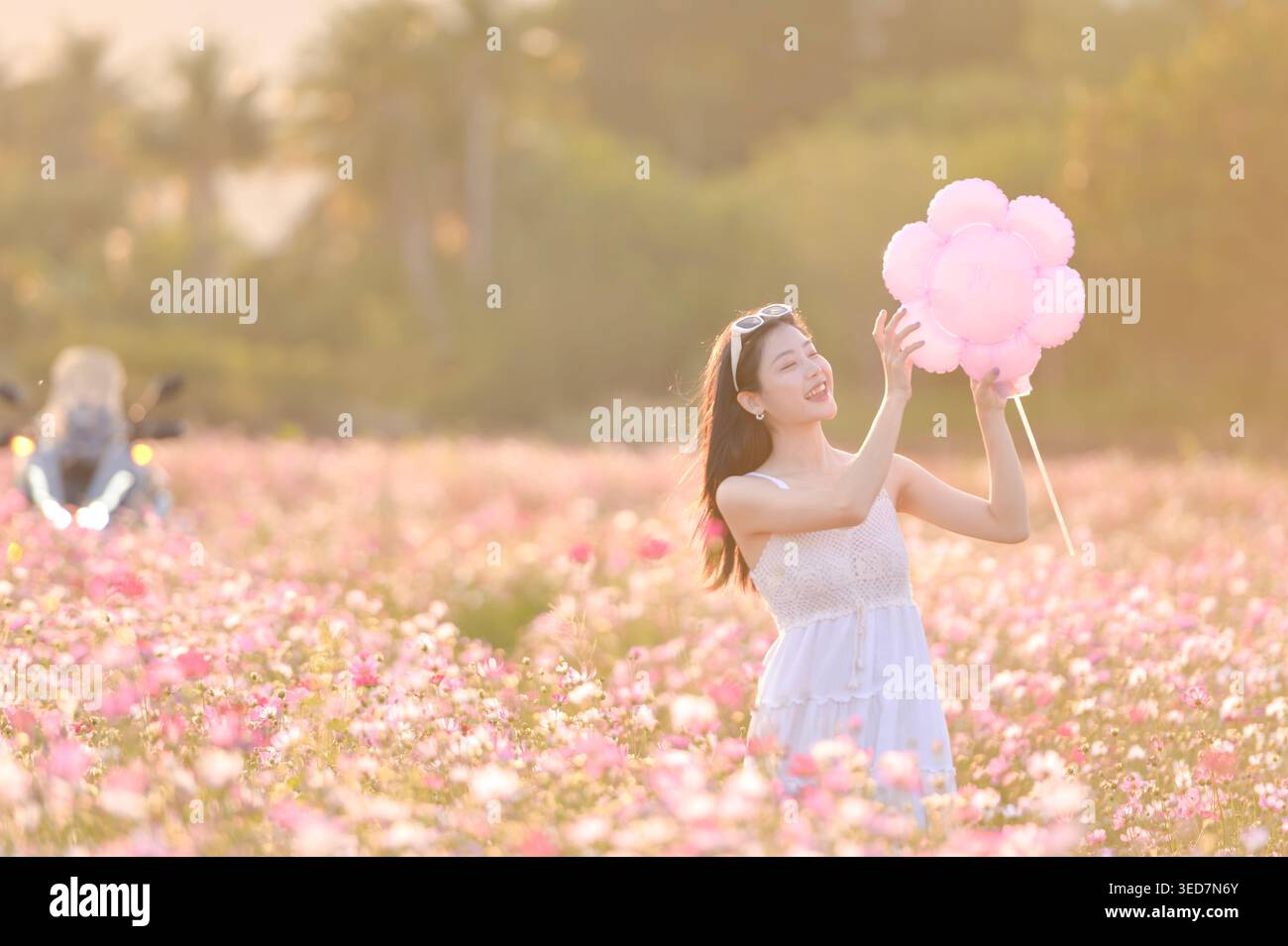 Porträt einer lächelnden jungen Frau in einem Sommerkleid, die auf einem Feld aus rosa Blumen steht und ein übergroßes Blumenrad hält Stockfoto