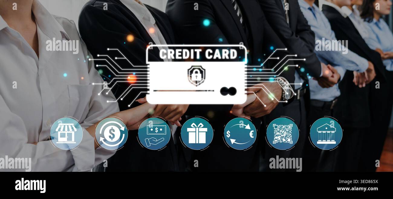 Geschäftsleute im Einklang mit digitalen Symbolen für Kreditkarten, die Finanztransaktionen und Sicherheitskonzepte in der modernen Unternehmensumgebung Quark darstellen. Stockfoto