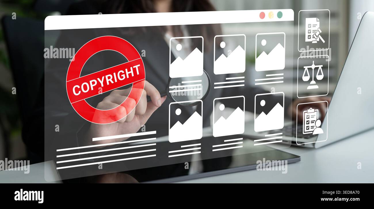 Ein Geschäftsmann navigiert auf einer hochentwickelten digitalen Plattform, die sich auf Urheberrechte und Bildrechte konzentriert und die Bedeutung von Rechtsfragen unterstreicht Stockfoto