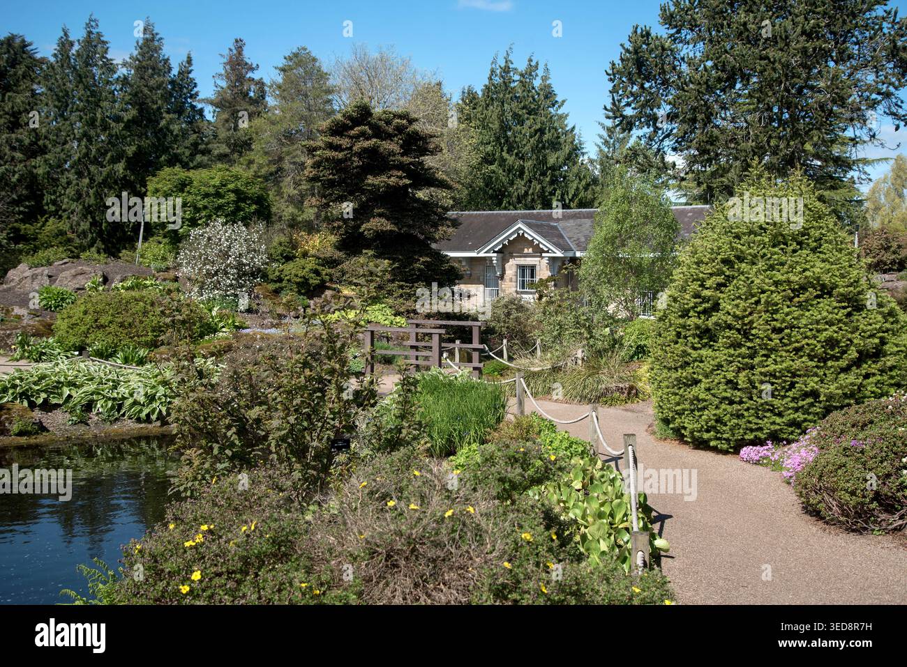 Rock Garden und Caledonia Halle in den Royal Botanic Garden Edinburgh (RBGE), Schottland, Großbritannien. Stockfoto