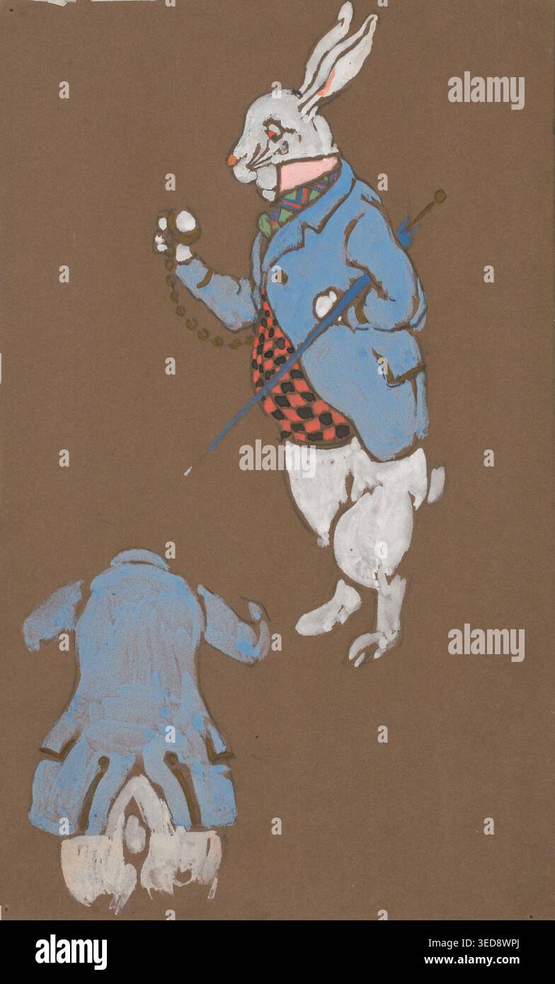 Historisches Illustrationskunstwerk von White Rabbit (Kostümdesign für Alice-in-Wonderland) von William Penhallow Henderson, das eine stilisierte Kaninchenfigur in formeller Kleidung mit einer Taschenuhr darstellt, USA, 1915. Stockfoto