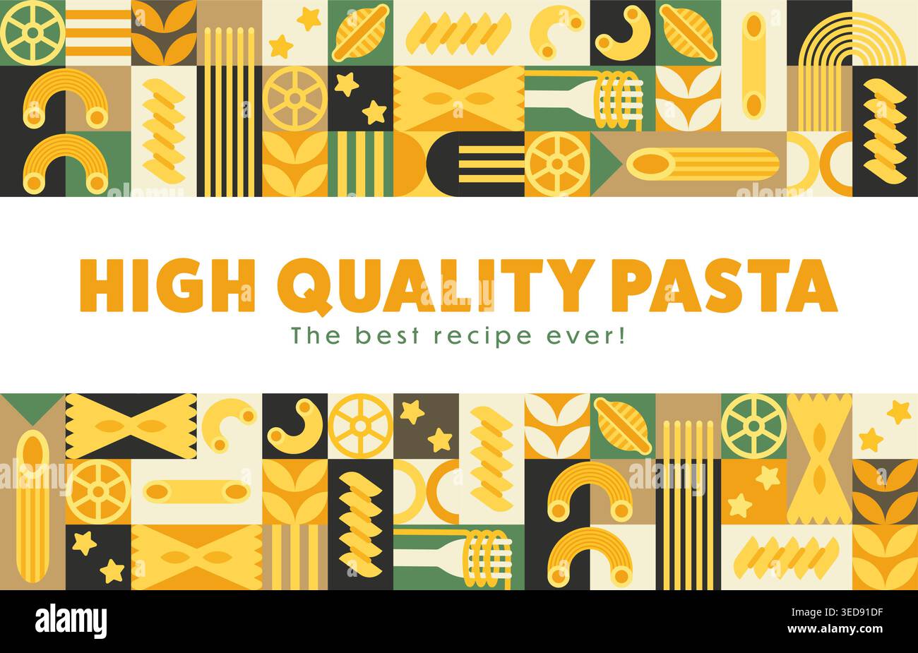 Nudeln und italienisches Pasta-Banner mit modernem geometrischem Muster, mit verschiedenen hochwertigen Nudelformen und Küchenmotiven. Vektor-warmer gelber und grüner kulinarischer Hintergrund für Restaurantspeisen Stock Vektor