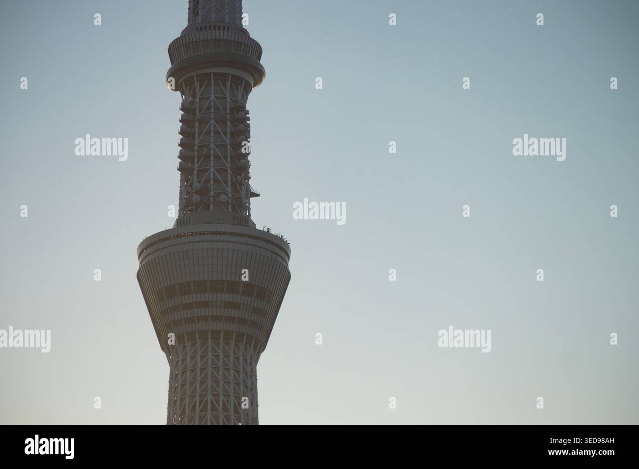 Tokio, Japan – die Aussichtsplattform des Tokio Skytree erhebt sich über dem Dunst am frühen Morgen mit klarem Himmel und atmosphärischem Licht. Stockfoto