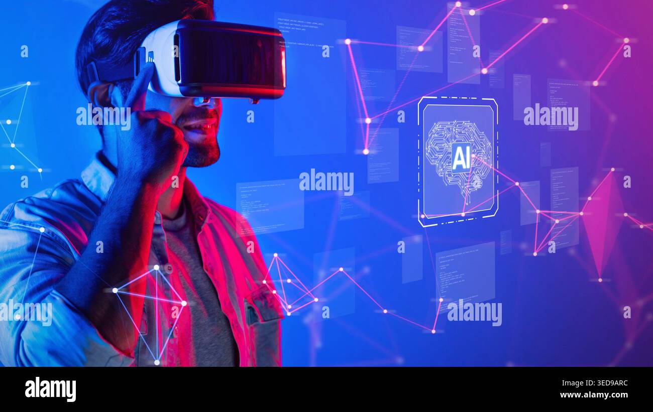 Ein Mann mit einem Virtual-Reality-Headset erkundet eine lebendige digitale Landschaft mit Konzepten von künstlicher Intelligenz und Verbindung Stockfoto