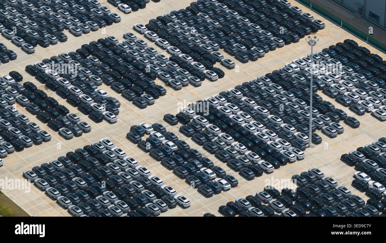 Luftaufnahme der Reihen neuer Elektrofahrzeuge, die im BYD Thailand Rayong Office Building unter hellem Tageslicht in Phananikhom, Rayong, Thailand, geparkt sind. Stockfoto