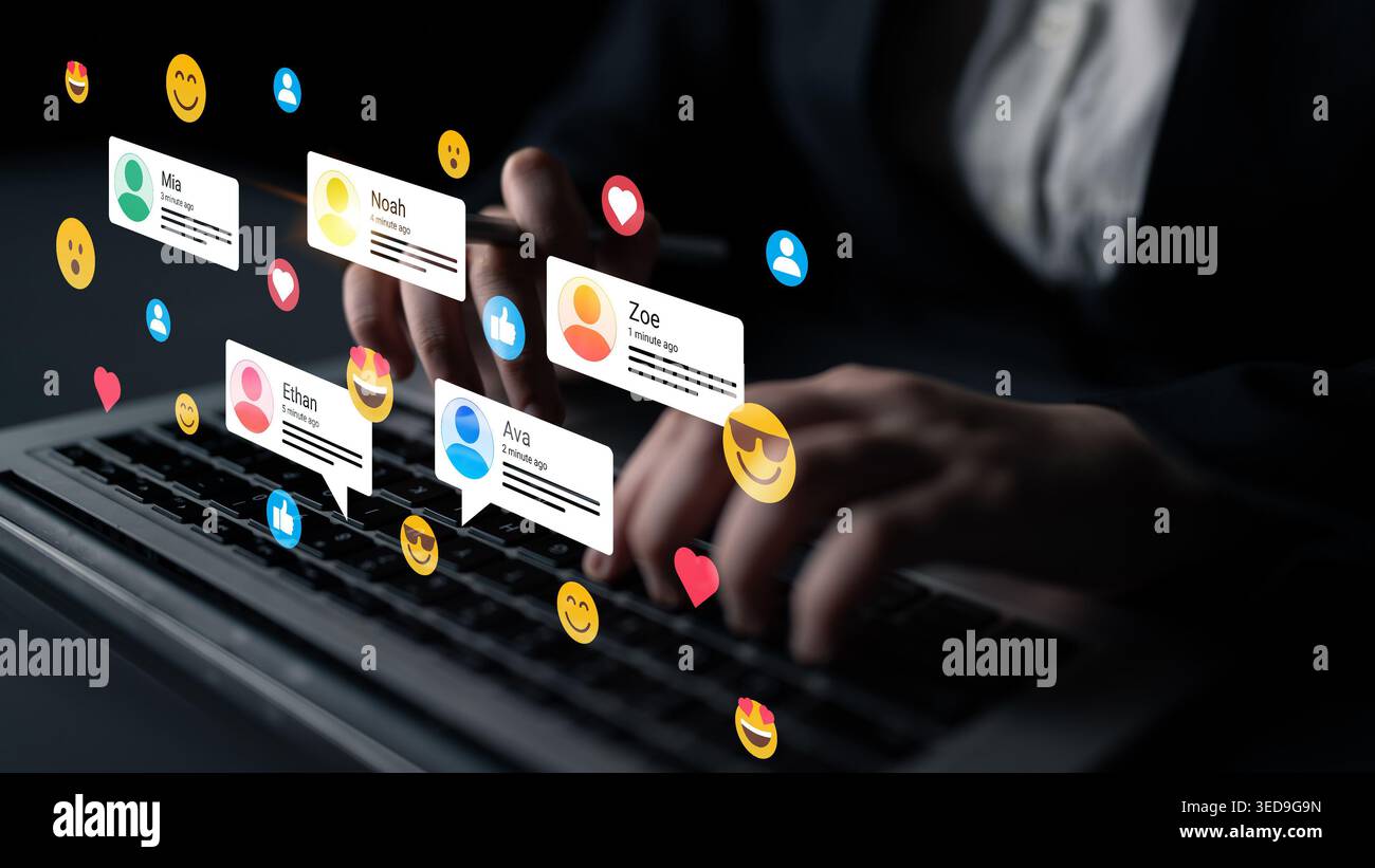 Eine Nahaufnahme der Hände, die auf einer Laptop-Tastatur tippen, umgeben von lebendigen Social-Media-Symbolen und Benachrichtigungen, die moderne digitale Inhalte darstellen Stockfoto