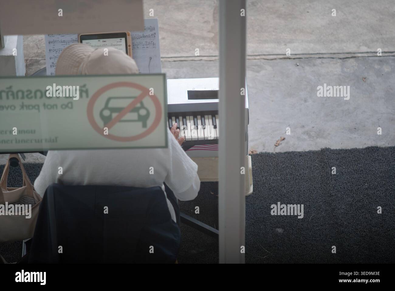Ein ruhiger Blick auf einen Pianisten, der draußen auf der Tastatur spielt und die Schönheit von Musik und Kreativität in einer entspannten Umgebung zeigt. Ideal für Lifestyle-Themen Stockfoto