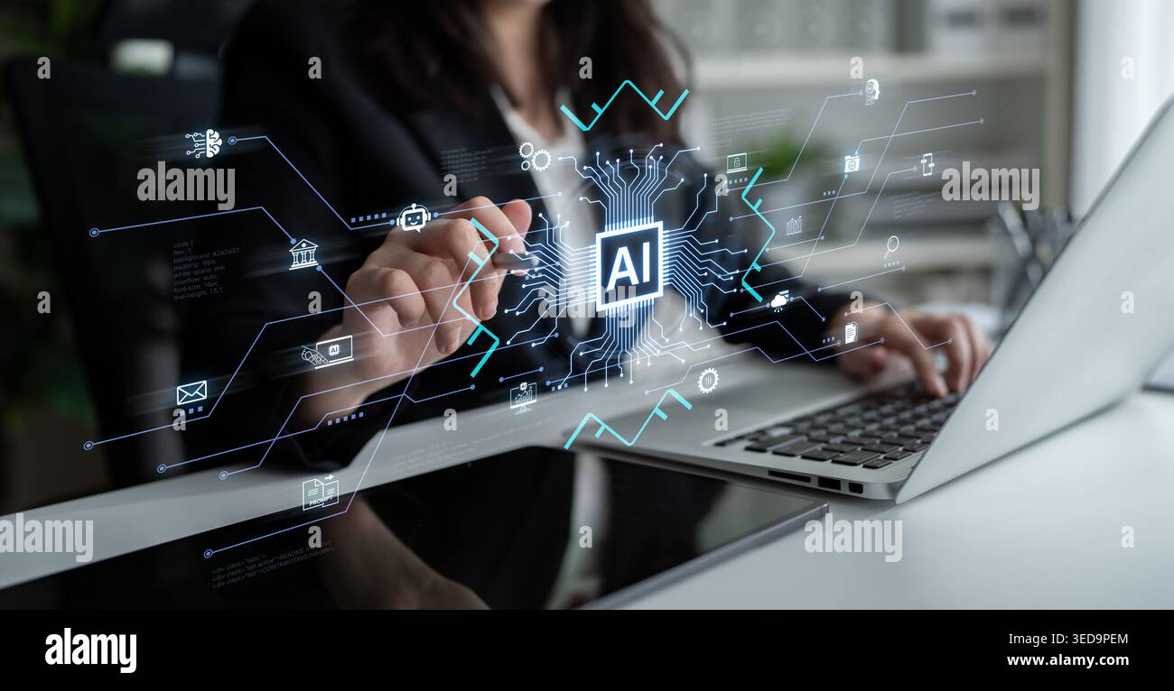 Integrationskonzept für künstliche Intelligenz, das Apps, Datenströme und Automatisierung über Unternehmenssysteme und -Plattformen hinweg verbindet. Korpus Stockfoto
