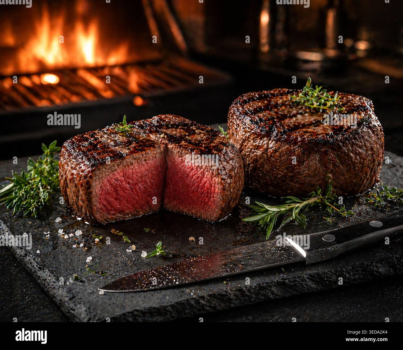 Gegrillte Rindersteaks mit Flammengrill ****Originalfoto des Mitwirkenden, modifiziert mit AI-Tools ** Stockfoto