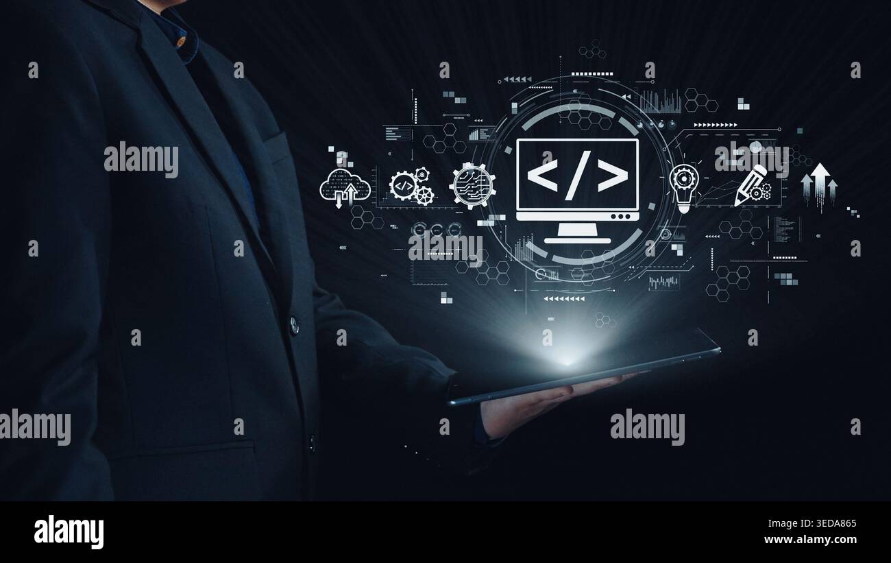 Modernes Web-Entwicklungskonzept mit Codierungssymbolen, Web-Entwicklungsprozess, Web-Entwicklungsoberfläche und Web-Entwicklungstools mit futuristischem Design Stockfoto