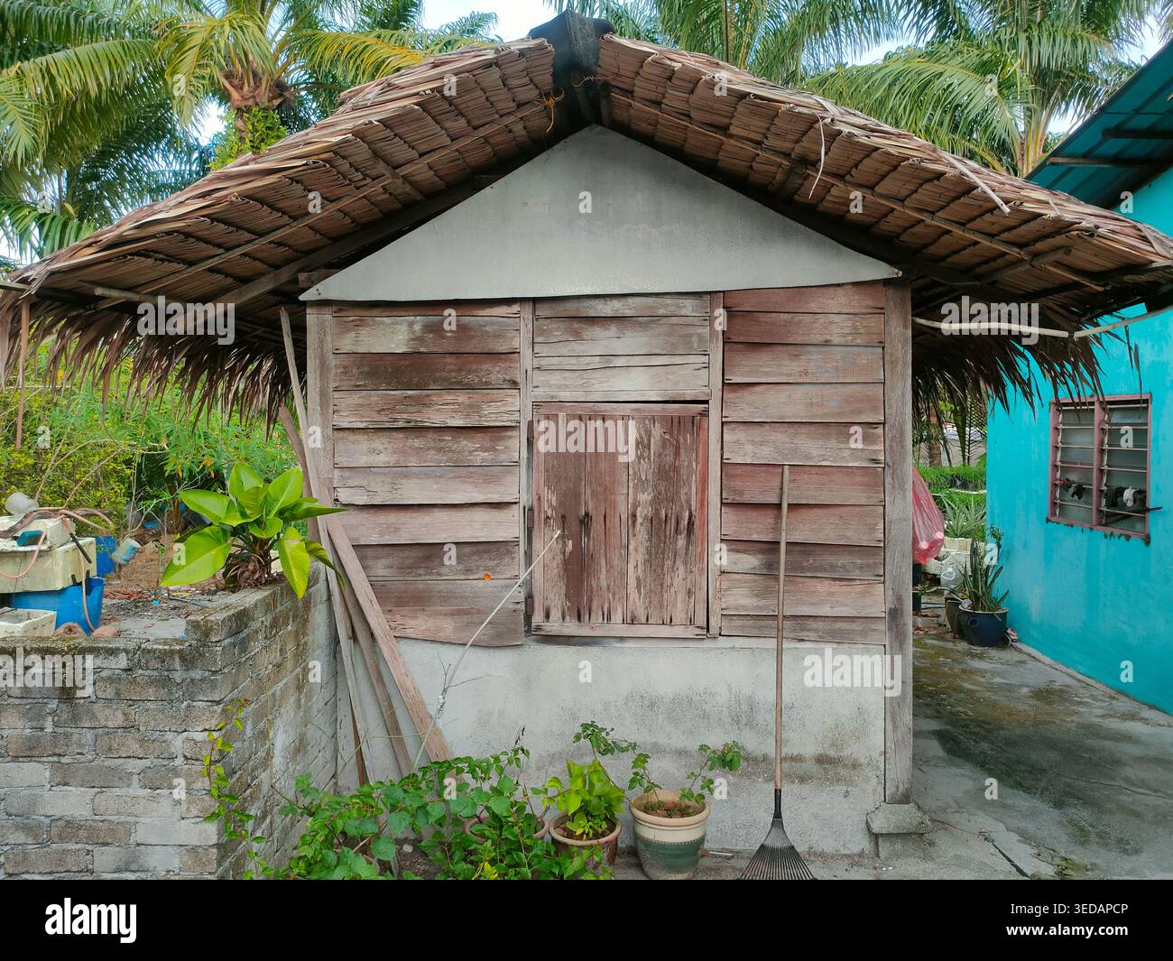 Eine alte, rustikale Holzhütte mit einem Strohdach aus getrockneten Palmenwedeln in ländlicher Umgebung. Stockfoto