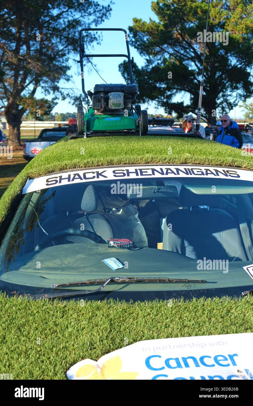 Ein Auto, das mit falschem Gras bedeckt ist, Astrorasen mit einem Rasenmäher auf dem Dach. Zu Beginn eines Scheißkastenrennens in Canberra, Australien. Stockfoto
