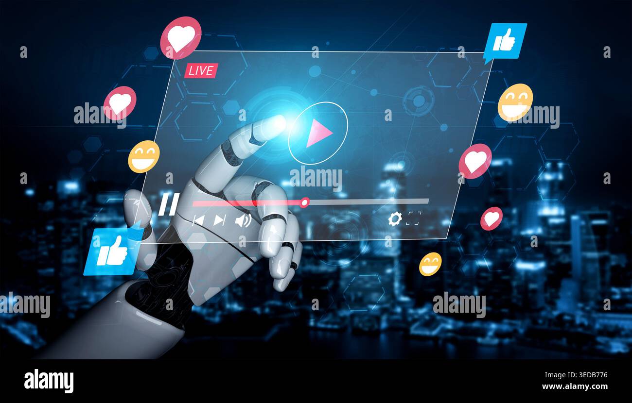 Eine futuristische Roboterhand interagiert mit einer virtuellen Medienoberfläche mit Social-Media-Ikonen und Live-Streaming-Elementen gegen eine digitale Stadt Stockfoto