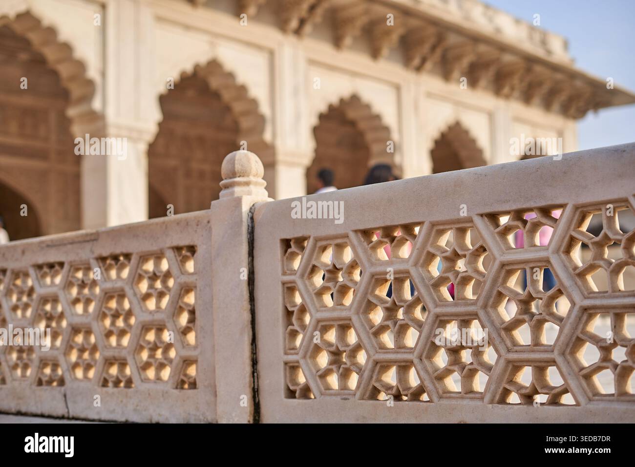 Nahaufnahme eines kunstvollen weißen Marmorgitters (jali) mit sechseckigen geometrischen Mustern, im traditionellen indischen Mughal-Stil Stockfoto