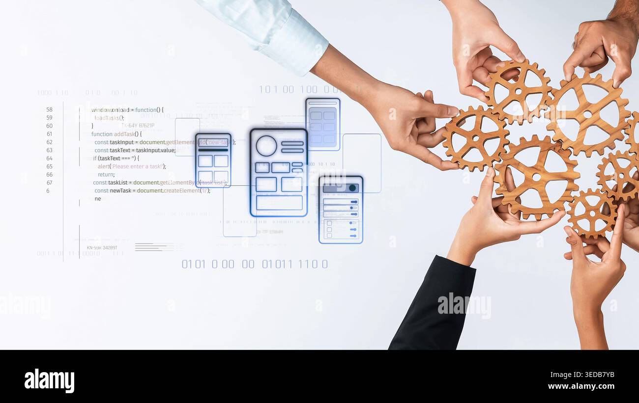 Ein dynamisches Bild, das Hände zeigt, die um hölzerne Zahnräder zusammenarbeiten und Teamarbeit und Innovation in der Technologie vor dem Hintergrund der Programmierung symbolisiert Stockfoto