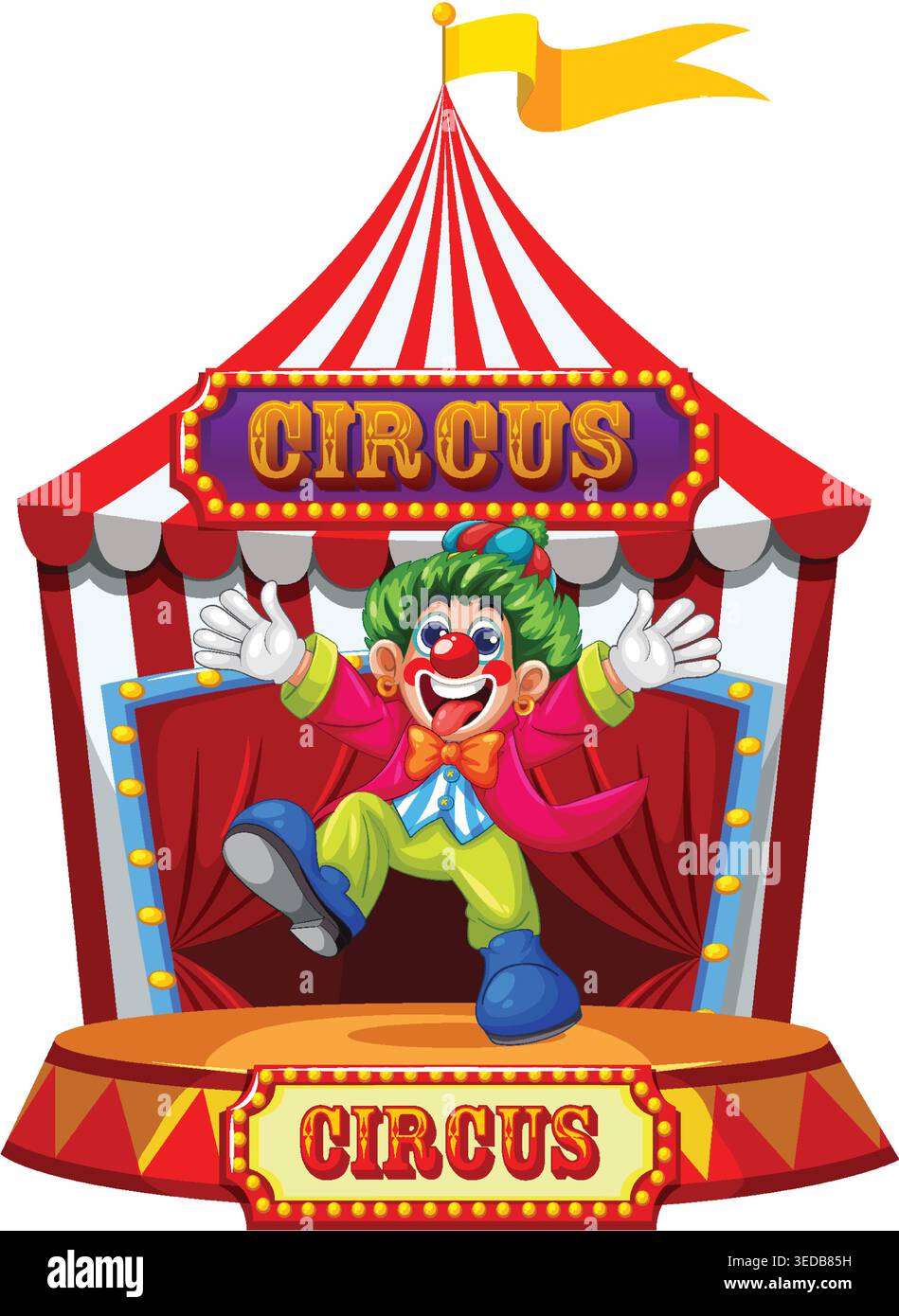 Fröhlicher Cartoon Clown auf einer Zirkusbühne unter einem rot gestreiften großen Top. Stock Vektor