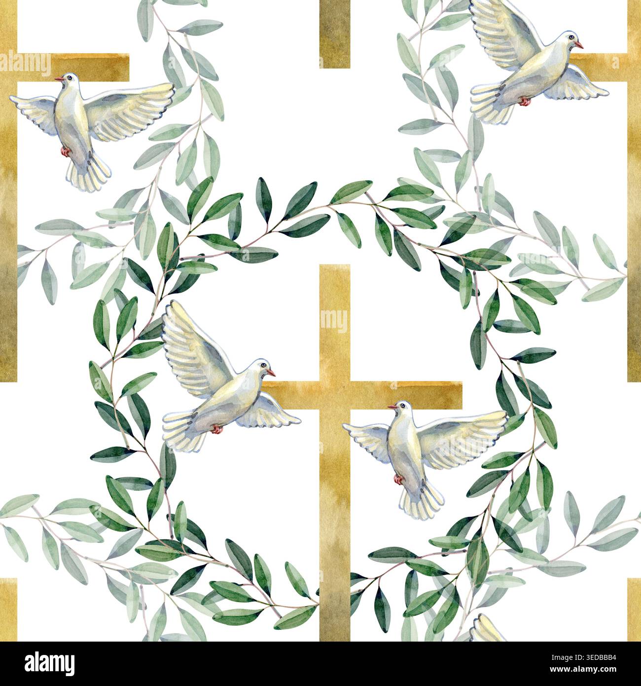 Elegantes nahtloses Muster mit goldenen Kreuzen, weißen fliegenden Tauben und grünen Olivenzweigen. Dieses handgezeichnete Aquarelldesign symbolisiert Frieden Stockfoto
