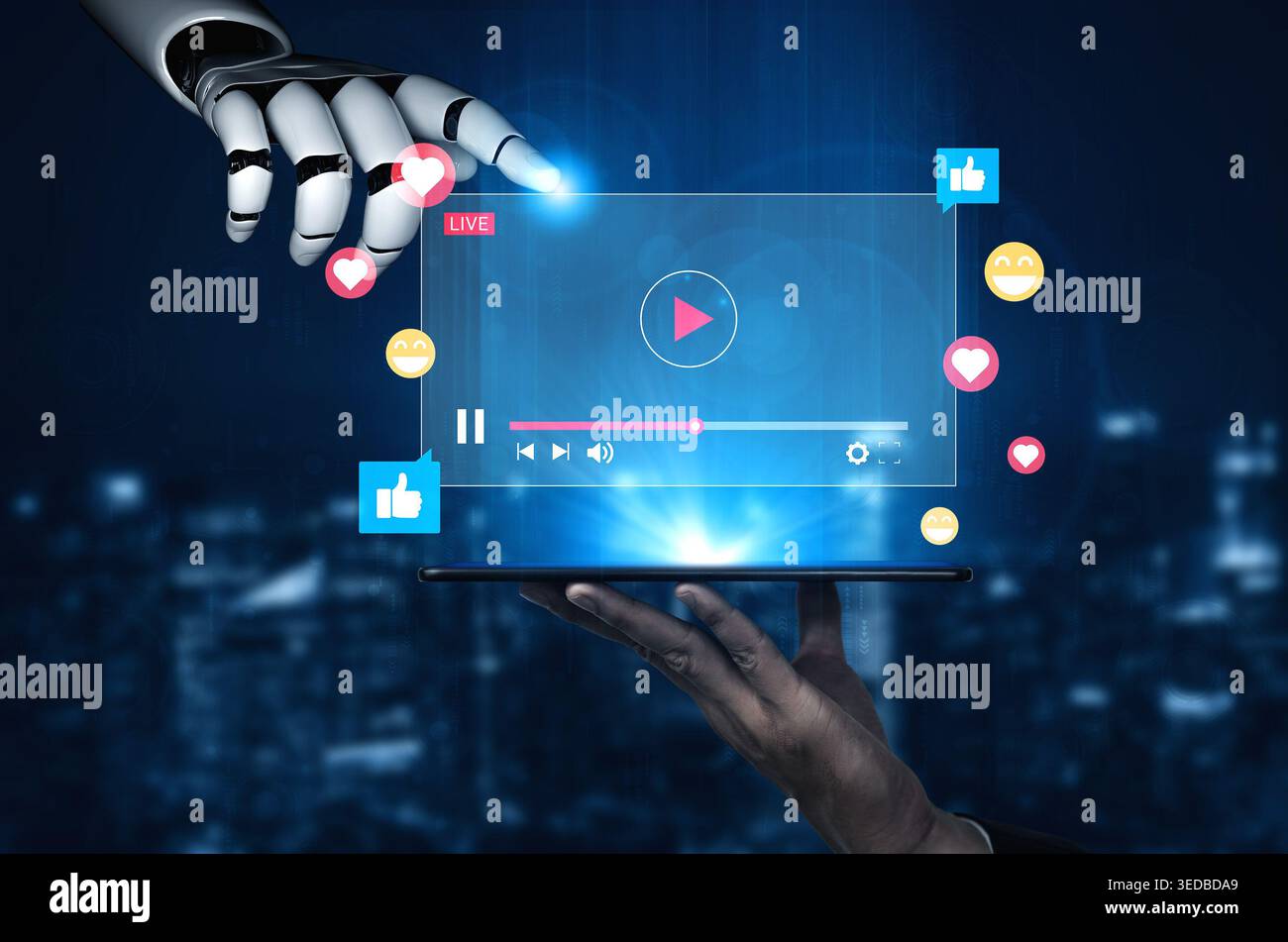 Eine Roboterhand, die mit einem Live-Streaming-Mediendisplay interagiert, zeigt Symbole für Interaktionen in einer modernen digitalen Landschaft und betont Stockfoto