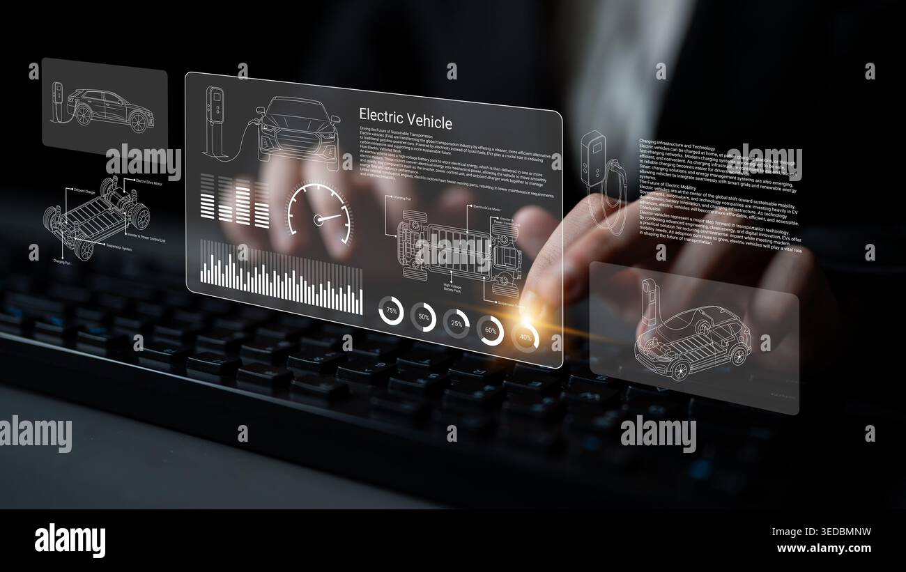 Dieses Stockfoto zeigt eine futuristische digitale Schnittstelle, die die Technologie von Elektrofahrzeugen veranschaulicht und detaillierte Grafiken und interaktive Daten zeigt Stockfoto